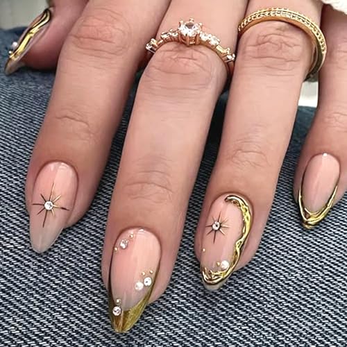 Press on Nails Medium Almond French Tip Gold Star False Acrylic Nails