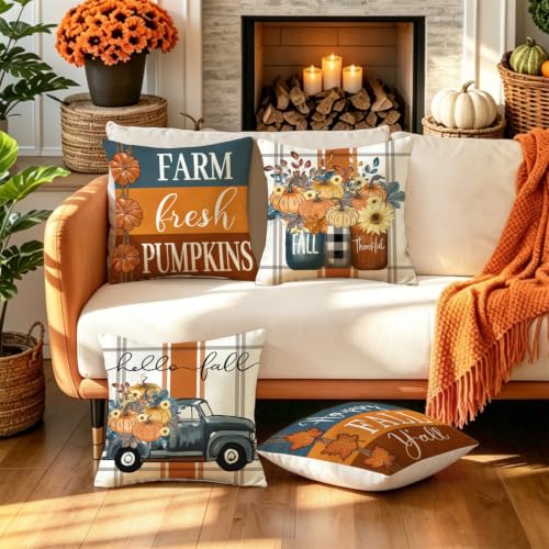 Fall Throw Pillow Covers 18x18, Set of 4 Autumn Pumpkin Harvest Cushion Cases