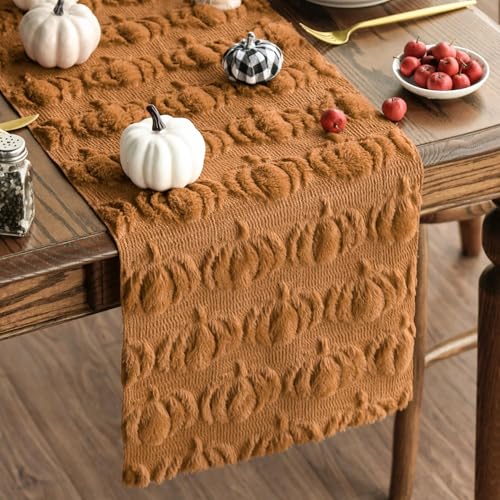 Caramel Faux Fur Pumpkin Fall Table Runner 13x48 Inch - Autumn Decor