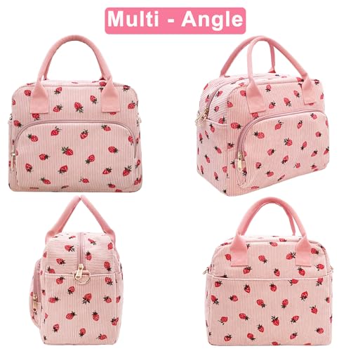 Beurlike Strawberry Pink Insulated Lunch Bag - Corduroy Tote for Work & Picnic