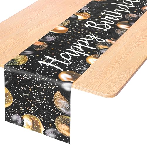 Happy Birthday Table Runner - 72x13in Black Gold Decor