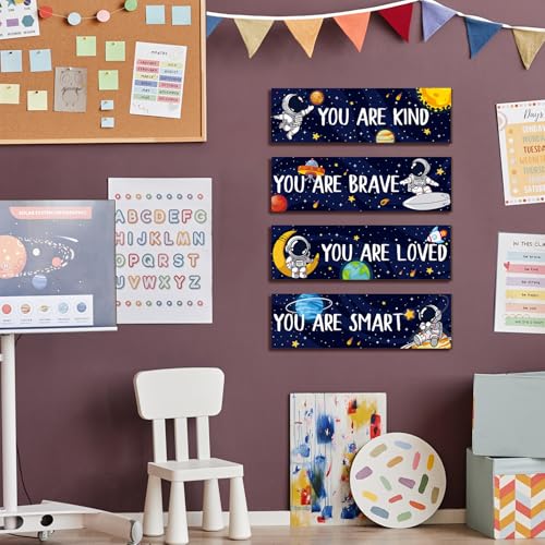 4-Piece Space Bedroom Wall Art Set – Astronaut Solar System Decor for Kids