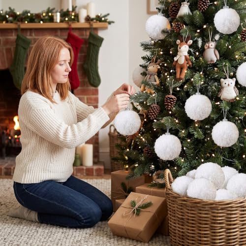 24 Pcs 4 Inch White Plastic Furry Christmas Ornaments Balls - Holiday Decor