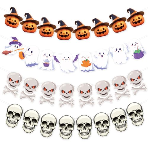 Cute Halloween Banners Set - 4pcs Pumpkin Ghost Skull Decor
