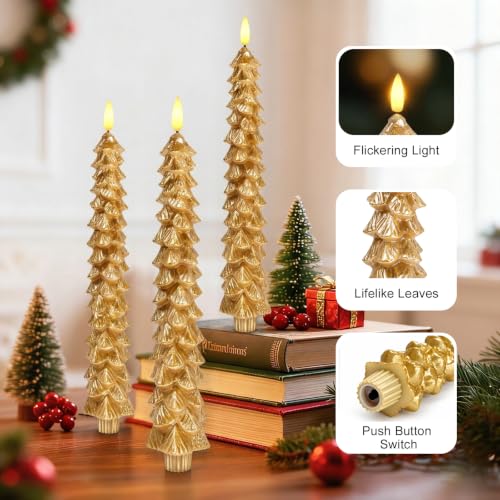 4PC Gold Flameless Christmas Tree Taper Candles - Holiday Decor