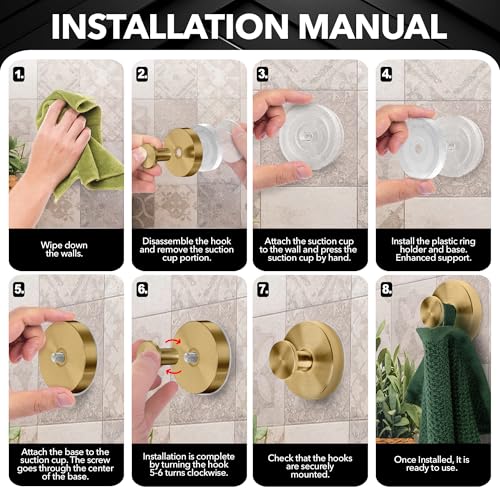 Besti Champagne Bronze Suction Cup Hooks - Strong Hold for Bathroom & Kitchen