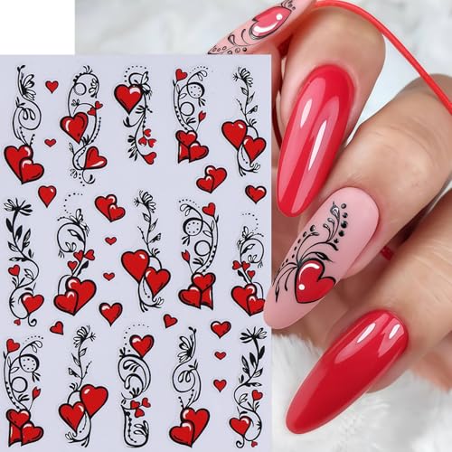 SHUXILIN 8 Sheets Red Heart Bow Nail Art Stickers Self-Adhesive 3D Decals