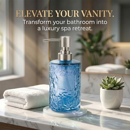 Hutalecho Blue Glass Soap Dispenser 13oz Refillable Bathroom & Kitchen Decor