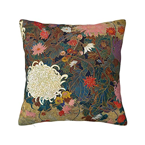 Japanese Flower Painting Throw Pillow Cover - 20x20 Inch Decorative Case