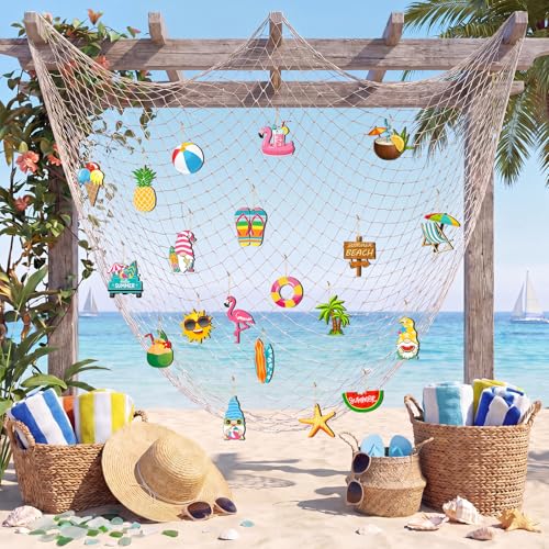 Summer Tree Ornaments Set - 40 Wooden Holiday Decorations for Beach, Gnome, Flamingo, Hawaiian Party