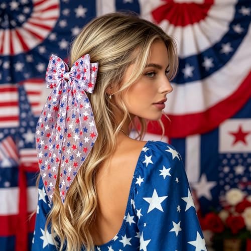 Patriotic 4th of July Hair Bow Clip - Red White Blue Star Tulle Barrette