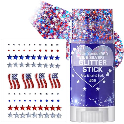4th of July Face Glitter Stick and Rhinestone Gem Stickers Patriotic Makeup