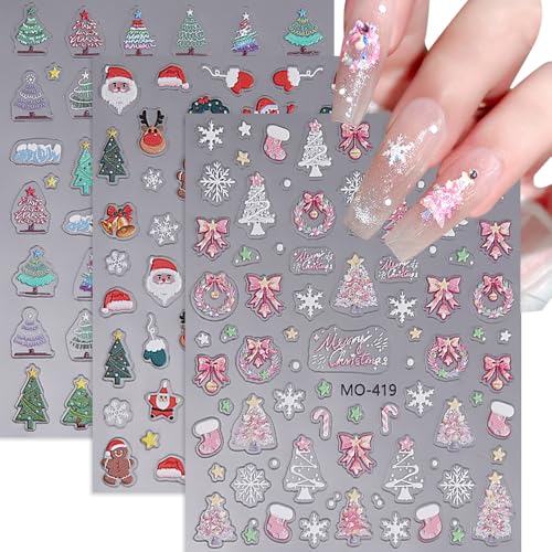 Christmas Nail Stickers 3D Embossed Pink Snowflake Decals 3 Sheets