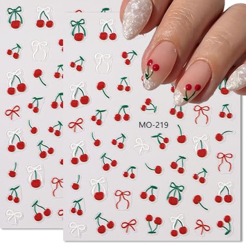 Cherry Nail Art Stickers 2 Sheets Cute Red Bow Self-Adhesive Decals
