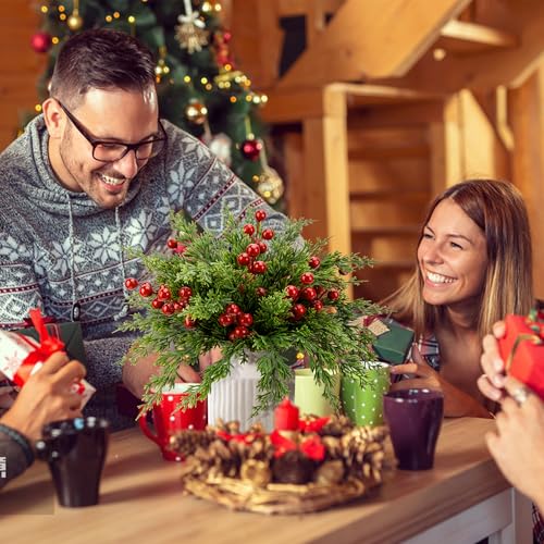 60 Pcs Artificial Christmas Pine Branches with Red Berries - Faux Holiday Decor