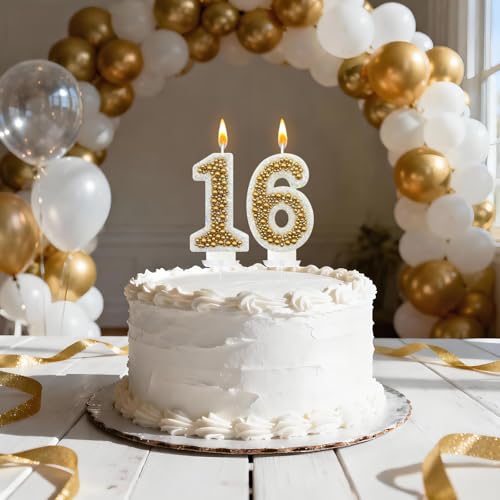 NHJINX Gold 16 Birthday Number Candle for Cake, Glitter Cake Topper