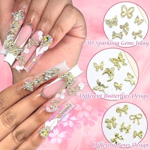 BELICEY 72Pcs Gold Bow and Butterfly Nail Charms 3D Alloy Rhinestones