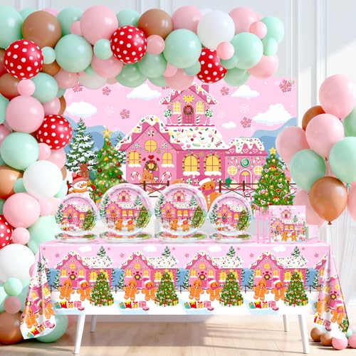Pink Gingerbread Christmas Party Decorations Kit - Banners, Plates, Balloons & Napkins