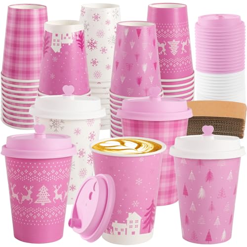 Pink Christmas Coffee Cups with Lids & Sleeves - 16 Oz Disposable Holiday Party Set