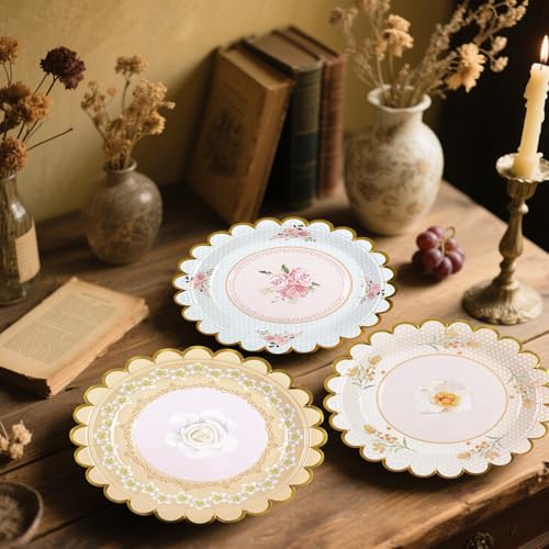 Floral 7-Inch Disposable Paper Plates - 48 PCS Scalloped Design for Parties