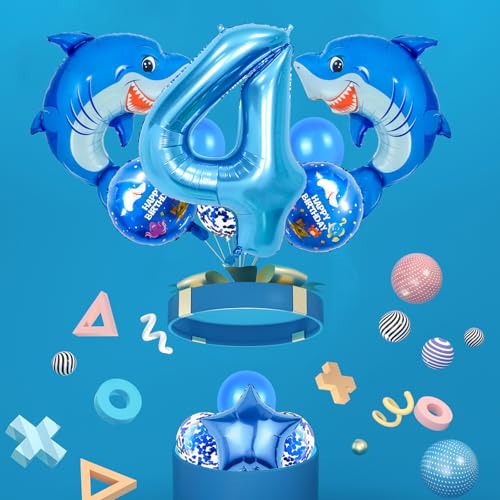 Giant Shark 4 Balloon - 40 Inch Blue Foil Number 4 for Kids Birthday Party (Shark-4)