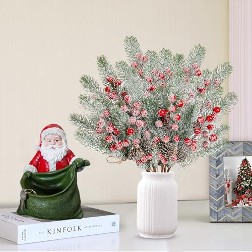 Red Snow Frosted Christmas Berries Pine Picks - 6 Pack Holiday Decor