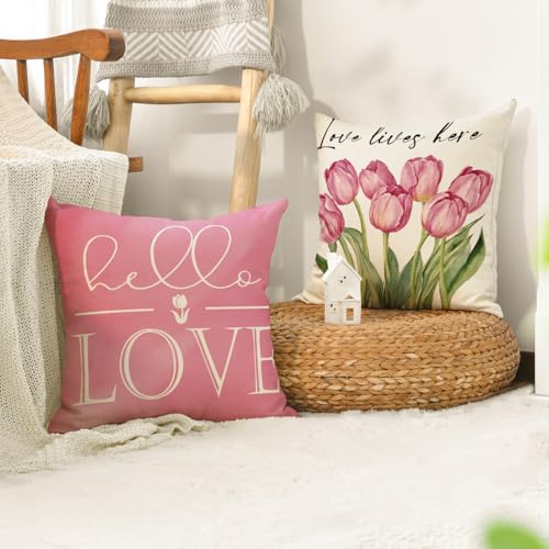 Hello Love Pink Tulips Throw Pillow Covers - Set of 4, 18"