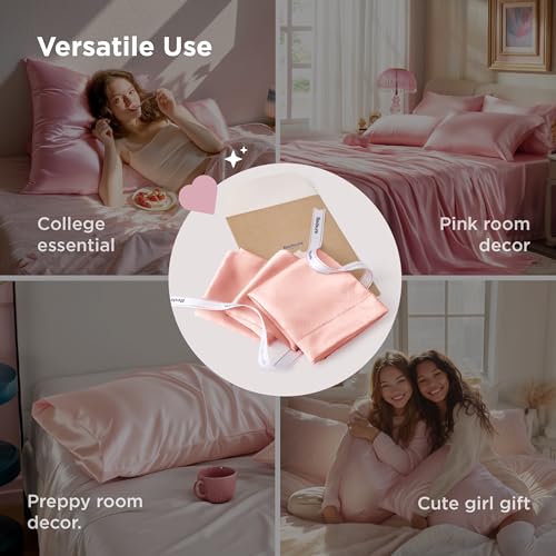 Bedsure King Satin Pillowcases Set of 2 - Peach Pink, Silky Soft for Hair & Skin