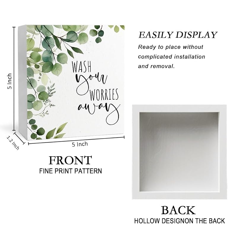 Wash Your Worries Away Funny Bathroom Wood Box Sign - Eucalyptus Style I