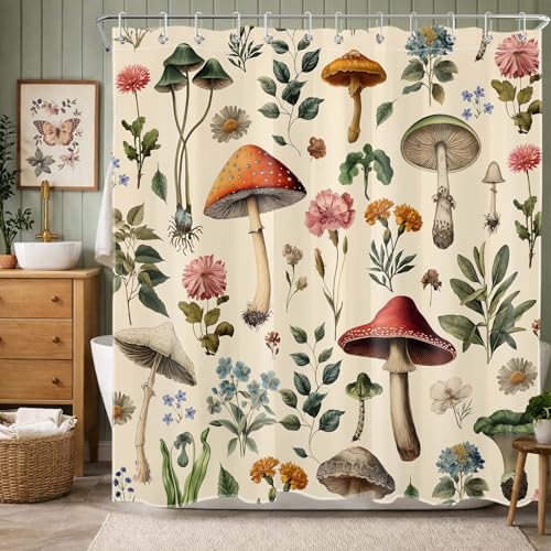 MASLEK Vintage Mushroom Floral Shower Curtain, 72x72 Inch Beige Botanical
