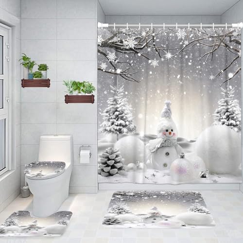 Christmas Snowman Shower Curtain Set with Non-Slip Rugs & Toilet Cover - 72x72 Inches, Holiday Bathroom Decor (Pack of 4, Variation of THIS listing)