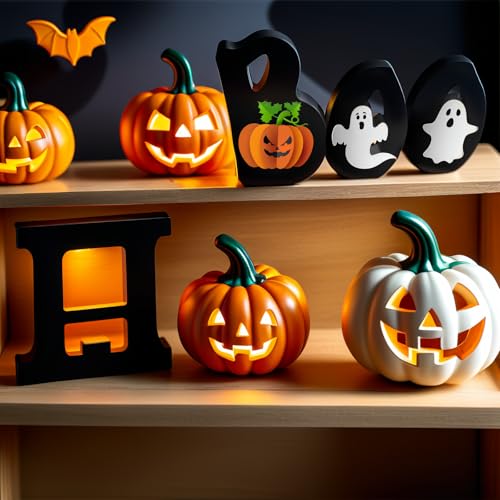 LLPMutu Wooden BOO Sign Halloween Table Decoration with Pumpkin and Ghost