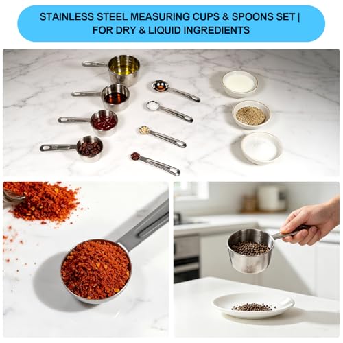 8-Piece Stainless Steel Measuring Cups & Spoons Set - Food Grade, Engraved Measurements