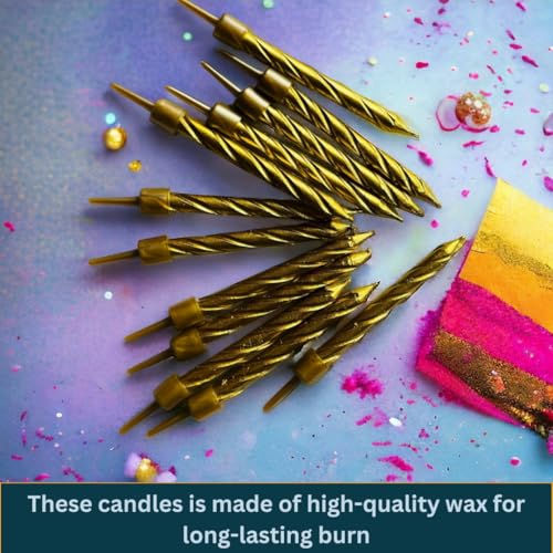 Gold Spiral Birthday Candles Set with Holders - Pack of 12