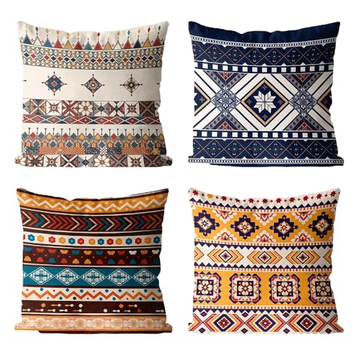 Boho Throw Pillow Covers 18x18 Set of 4, Bohemian Linen Decorative Cushion Case