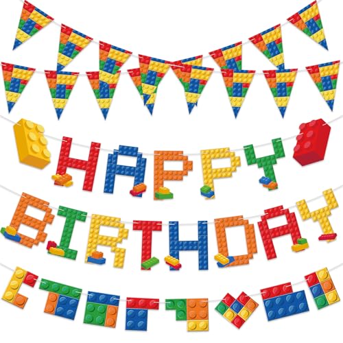 Building Block Birthday Banner Set - Pre-Strung Colorful Brick Decor