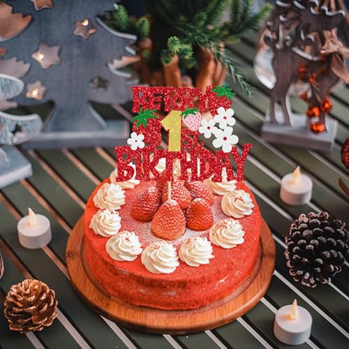 Berry 1st Birthday Cake Topper Red Glitter Strawberry Party Decor