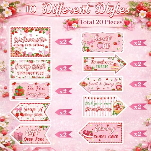 20 Pcs Strawberry Birthday Party Signs - 1st Birthday Decor