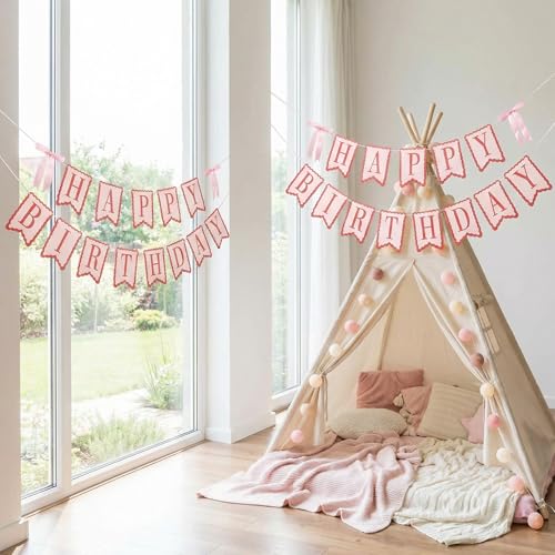 Pink Birthday Banner with Satin Bows & Scalloped Edges - Reusable Party Decor