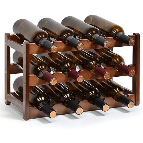 12-Bottle Wood Wine Rack - 3-Tier Free Standing Countertop Wine Storage