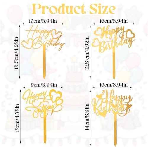 Gold Heart Shaped Birthday Cake Toppers - 4 PCS Acrylic Decor