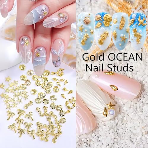 3D Gold Ocean Nail Charms Set - Starfish, Seashell Metal Studs DIY Manicure
