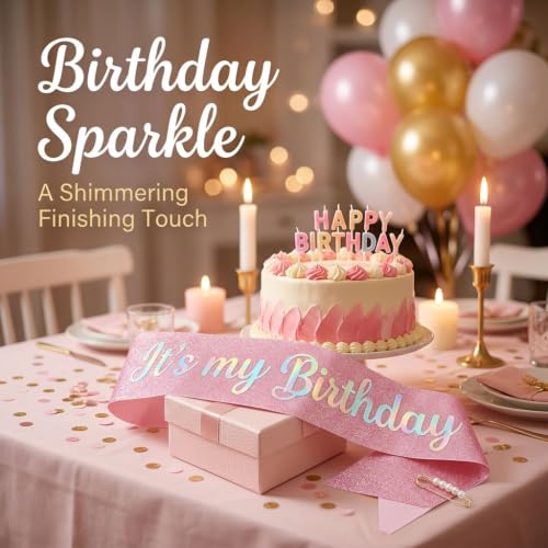It's My Birthday Pink Glitter Sash with Pearl Pin for Women