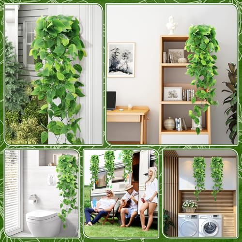 HOREAKHJ 2-Pack Faux Hanging Plants - Green Pothos Ivy Vines for Indoor & Outdoor Decor