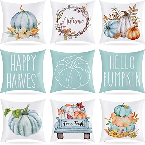 Yexiya 9-Piece Light Blue Fall Pumpkin Pillow Covers 18x18