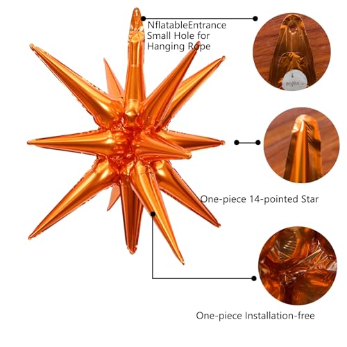 Orange Star Foil Balloons 22 Inch 14-Pointed 4D Cone Shape Party Decorations