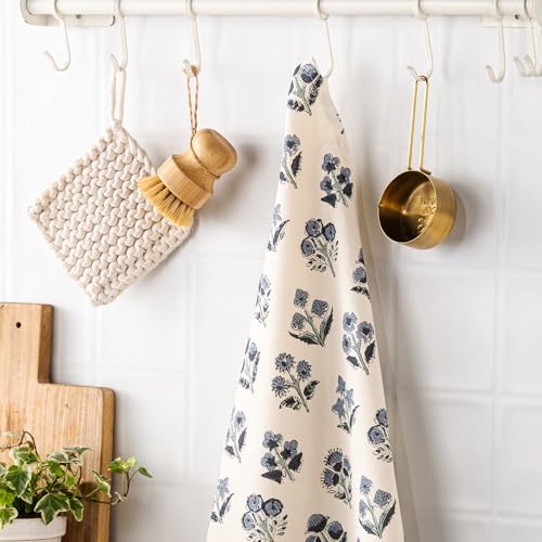 YZJZEDS Dusty Blue Block Print Floral Flour Sack Kitchen Towels Set of 2