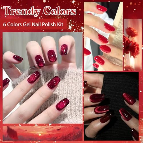 MSRUIOO Red Gel Nail Polish Set with Cat Eye Gel and Magnet