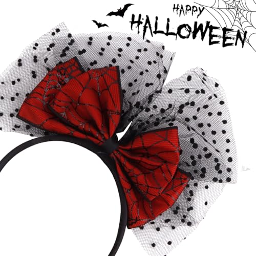 CURASA Halloween Red Bow Headband Lace Spider Web Hair Hoop