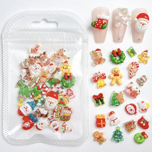 40Pcs Christmas Nail Charms 3D Resin Santa Reindeer Gems